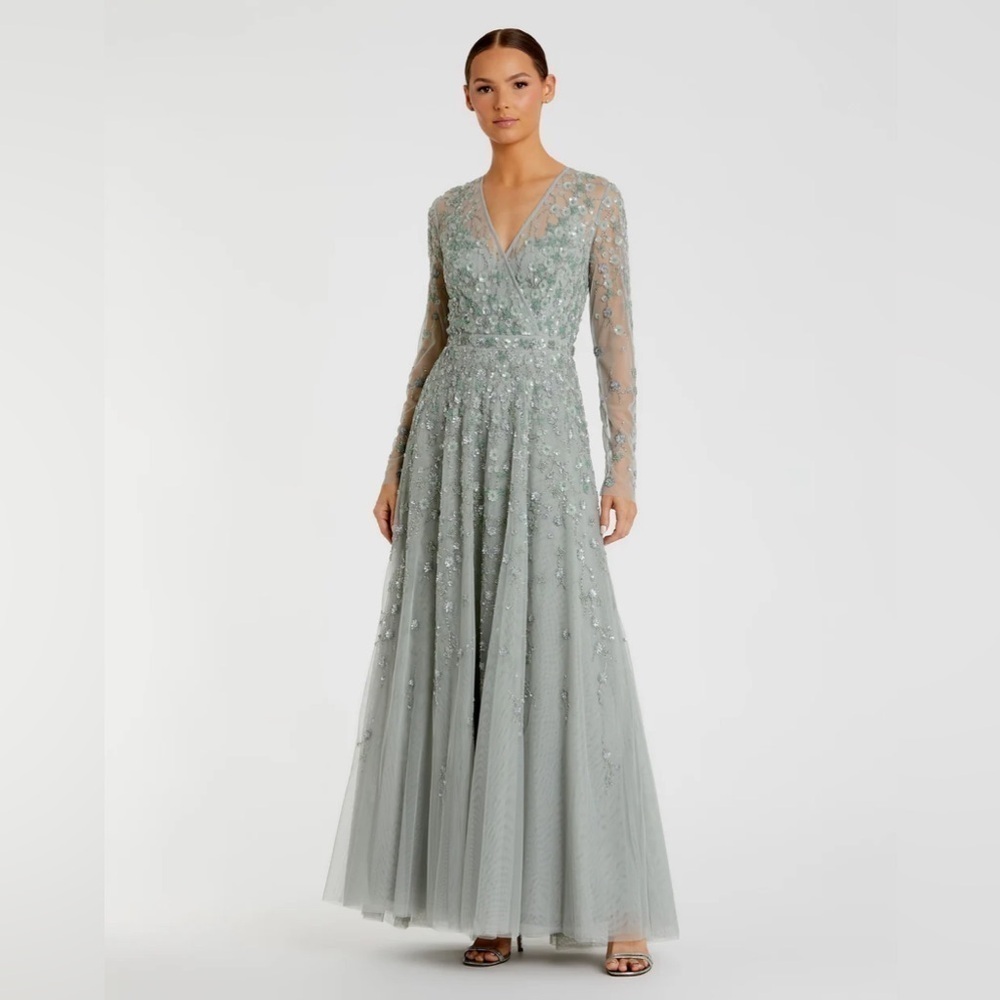 MAC DUGGAL 9131 NWT Embellished Wrap Over Illusion Long Sleeve A Line Gown